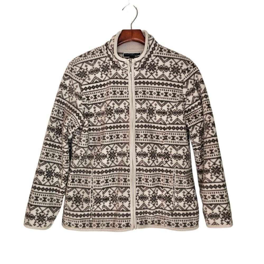 Karen Scott Sport Fair Isle Fleece Jacket Full Zip Nordic Print Size Petite Med